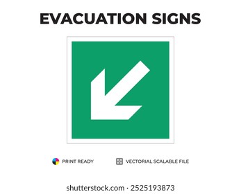 Sinal de saída de emergência. Direção de evacuação, para a esquerda. Símbolo universal para evacuação segura utilizado em edifícios públicos. Vetor de sinalização de segurança com fundo verde.