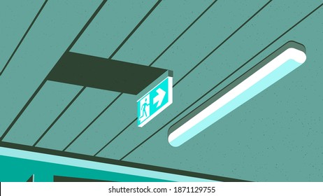 Emergency Exit Sign For Faster Evacuation. Interior Illustration. Color image With a Blue Filter Overlay. Security and Infrastructure Concept.