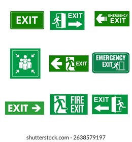 Emergency exit sign featuring fire escape door and directional arrow — ideal for evacuation route illustrations. Vector format.