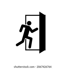 Emergency exit. Sign of fire exit. Icon for safety escape. Black door and human on white background. Symbol of evacuation. Signage for help, run, rescue from building. Route of rescue. Vector.