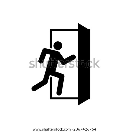 Emergency exit. Sign of fire exit. Icon for safety escape. Black door and human on white background. Symbol of evacuation. Signage for help, run, rescue from building. Route of rescue. Vector.