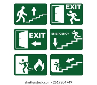 sinal de saída de emergência. Coleção de sinais de saída simples. Vários sinais de saída. sinal de rota de escape
