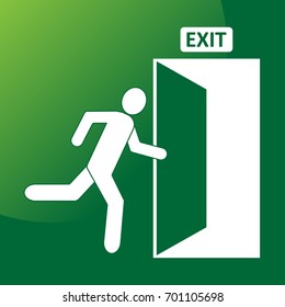 Emergency exit sign. Flat style icon with exit door out of the building. EPS10 vector illustration for safety direction. Perfect design for sticker, poster, signpost, symbol, banner, label.