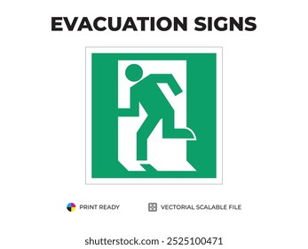 Emergency exit sign. Exit here. Left. Universal symbol for safe evacuation used in public buildings. Safety signage vector with green backgrounds.