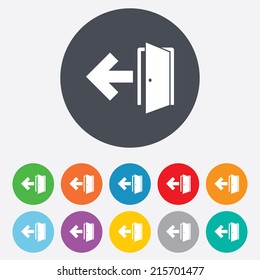 Emergency exit sign icon. Door with left arrow symbol. Fire exit. Round colourful 11 buttons. Vector