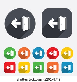 Emergency exit sign icon. Door with left arrow symbol. Fire exit. Circles and rounded squares 12 buttons. Vector