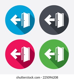 Emergency exit sign icon. Door with left arrow symbol. Fire exit. Circle buttons with long shadow. 4 icons set. Vector