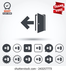 Emergency exit sign icon. Door with left arrow symbol. Fire exit. Circle, star, speech bubble and square buttons. Award medal with check mark. Thank you ribbon. Vector