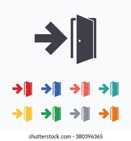 Emergency exit sign icon. Door with right arrow symbol. Fire exit. Colored flat icons on white background.