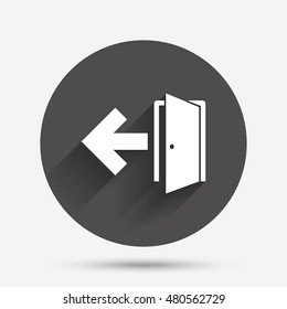 Emergency exit sign icon. Door with left arrow symbol. Fire exit. Circle flat button with shadow. Vector