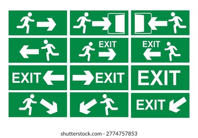 Emergency exit sign icon set featuring running man symbols, directional arrows, and fire exit door indicators. Collection of safety signage for evacuation routes, escape guidance, and emergency situations. Green background exit symbols isolated and ideal for use in buildings, public spaces, offices, UI design, infographics, and safety instructions. Clean vector illustration suitable for web, print, and mobile applications.