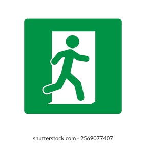 Emergency exit sign icon symbol. Green Fire safety exit sign logo. Running man and exit door sign. Vector illustration image. Isolated on white background.