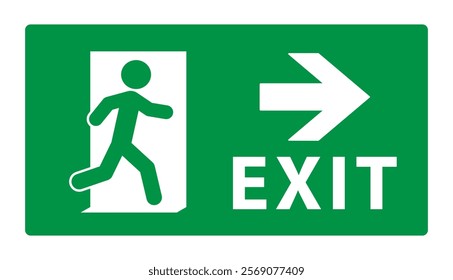 Emergency exit sign icon symbol. Green Fire safety exit sign logo. Running man and exit door sign. Vector illustration image. Isolated on white background.