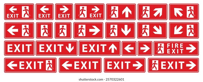 Emergency exit sign icon symbol set. Fire safety exit sign logo collection. Running man and exit door sign. Vector illustration image. Isolated on white background.