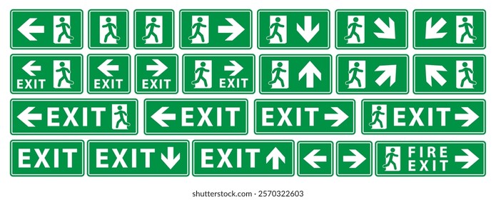 Emergency exit sign icon symbol set. Fire safety exit sign logo collection. Running man and exit door sign. Vector illustration image. Isolated on white background.