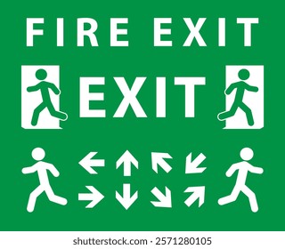 Emergency exit sign icon symbol set. Fire safety exit sign logo collection. Running man and exit door sign. Vector illustration image. Isolated on white background.