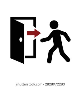 Emergency exit sign icon with walking person silhouette and open door, silhouette