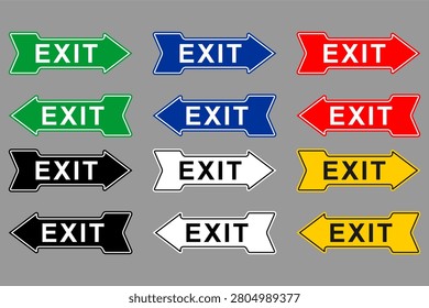 Emergency exit sign icons in arrow shapes pointing left and right with various colors green blue red black white yellow isolated on grey background illustration template