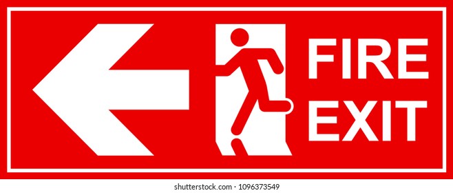 Emergency exit sign. Man running out fire exit.