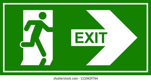 Emergency exit sign. Man running out fire exit.