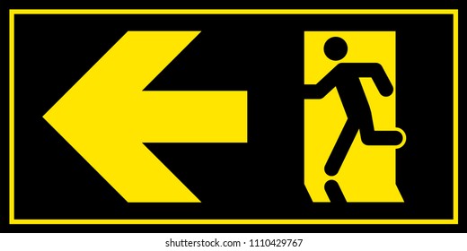 Emergency exit sign. Man running out fire exit.