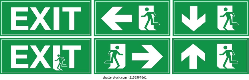 Emergency exit sign. Man running out.Different directions set
