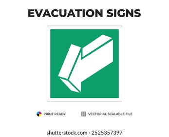 Emergency exit sign. Open door to yourself. 3D arrow. Universal symbol for safe evacuation used in public buildings. Safety signage vector with green background.