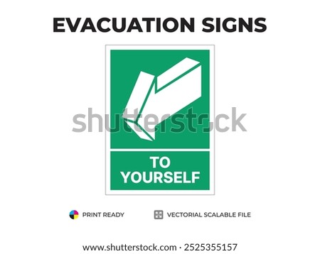 Emergency exit sign. Open door to yourself with text. 3D arrow. Universal symbol for safe evacuation used in public buildings. Safety signage vector with green background.