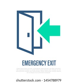 Emergency exit sign. Opened door with arrow. Vector illustration.