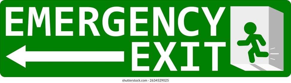 Emergency exit sign pointing left with running man icon. Safety and security concept.