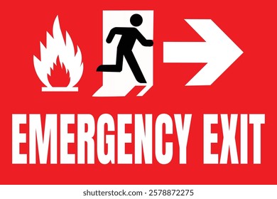 Emergency exit sign, red background, white icons, fire symbol, running figure, arrow pointing right, bold typography, safety signage, high contrast, minimalist design, vector graphics