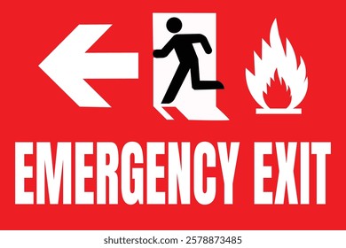 Emergency exit sign, red background, white icons, fire symbol, running figure, arrow pointing Left, bold typography, safety signage, high contrast, minimalist design, vector graphics