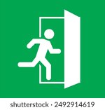 Emergency exit sign, running man icon to door, warning sign plate, warning sign danger icon green color