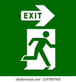 Emergency exit sign. running man icon to door. green color. arrow vector.