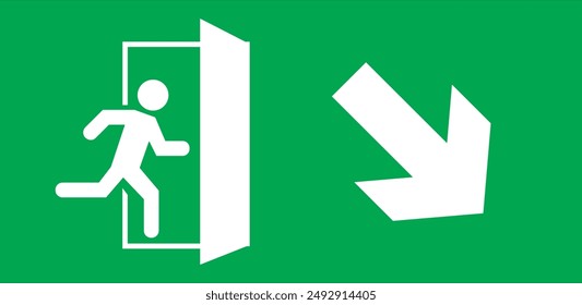 Emergency exit sign, running man icon to door, green color, arrow vector, warning sign plate warning emergency sign isolated background