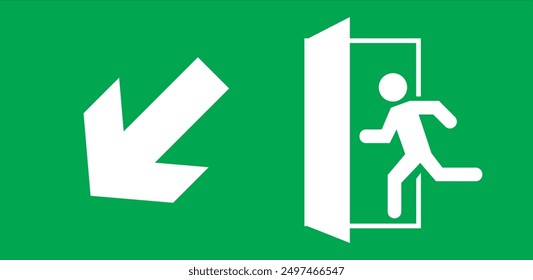 Emergency exit sign, running man icon to door, green color, arrow vector, warning sign plate warning emergency sign isolated background