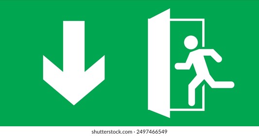 Emergency exit sign, running man icon to door, green color, arrow vector, warning sign plate warning emergency sign isolated background