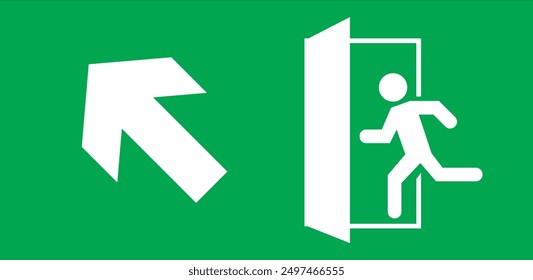 Emergency exit sign, running man icon to door, green color, arrow vector, warning sign plate warning emergency sign isolated background