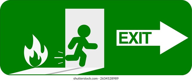 Emergency Exit sign with running man, arrow and fire symbol on green background.