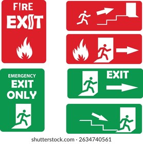 Emergency exit sign. Running man and exit door sign. Exit way icon. Emergency exit. Safety symbol. Escape help evacuation icon set