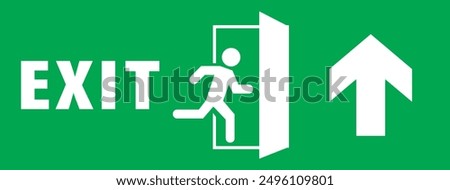 Emergency exit sign, running man icon to door, green color, arrow vector, warning sign plate warning emergency sign isolated background