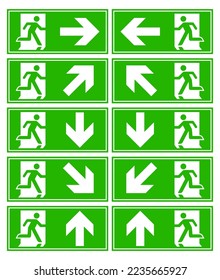 emergency exit sign set bundle silhouette man running on the door arrow icon green color collection 