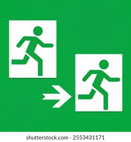 Emergency exit sign set. Emergency and fire exit icons collection vector. Man running out arrow, green background. Vector illustration with background green