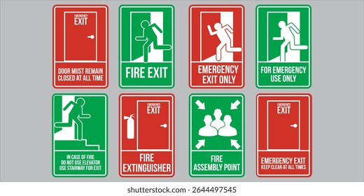 Sinal de saída de emergência ativado. Ícones de emergência e saída de incêndio. Homem correndo fora seta, sinal verde fundo.