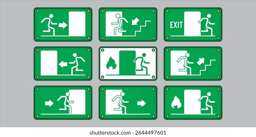 Emergency exit sign set. Emergency and fire exit icons. Man running out arrow, sign green background.