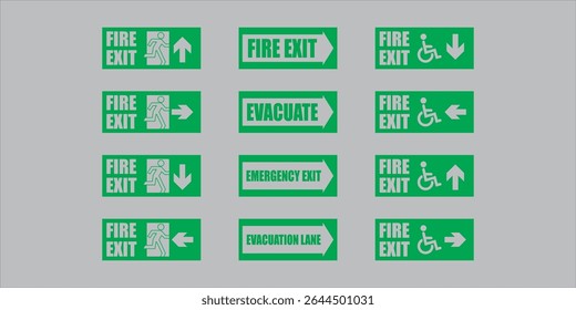 Emergency exit sign set. Emergency and fire exit icons. Man running out arrow, sign green background.