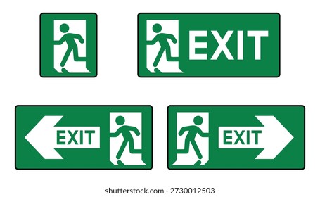 Emergency exit sign set with green background. Information board for evacuation route and direction. Vector illustration of exit symbols isolated on white background.