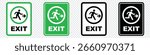 Emergency exit sign set. Man running out fire exit. Running man and exit door sign. Escape help evacuation. Safety vector symbol.