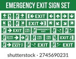 Emergency exit sign set. Man running out fire exit. Running man and exit door sign. Escape help evacuation. Safety vector symbol.