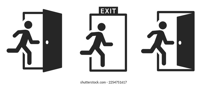 Emergency exit sign set. Man running out fire exit. Running man and exit door sign. Escape help evacuation. Safety vector symbol.